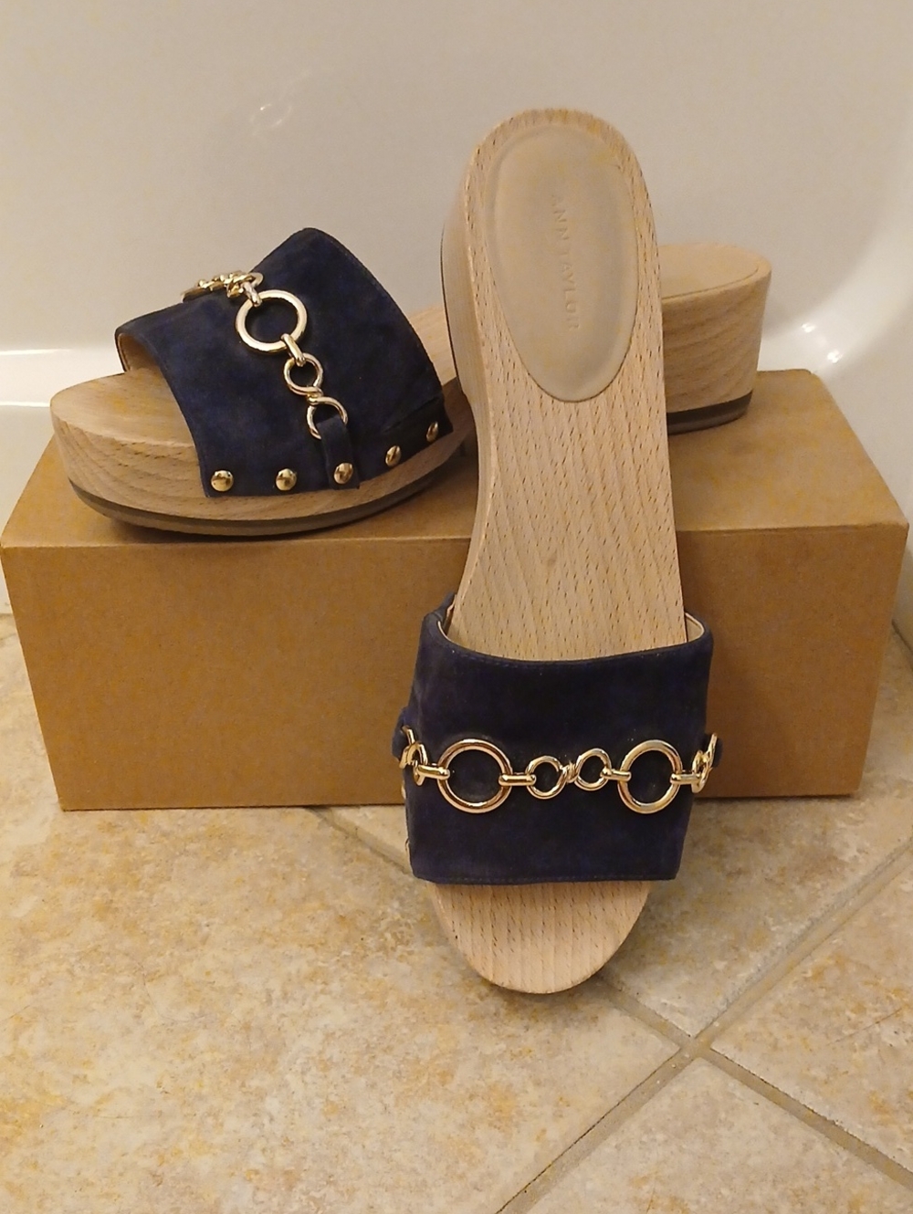 Ann Taylor Navy Suede Slide Mules with Gold Chain